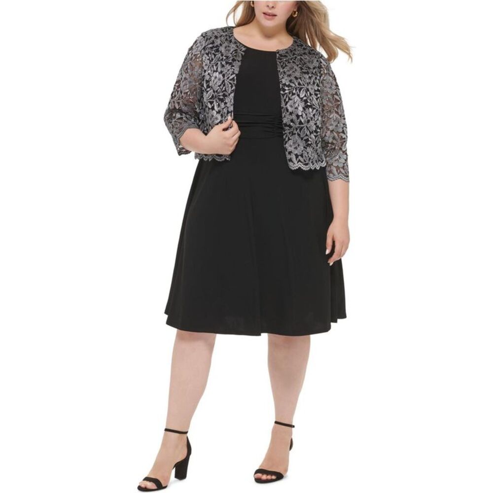 Jessica Howard Womens 2 Piece Lace Jacket A-line Dress, , Plus Size, 16W, MP